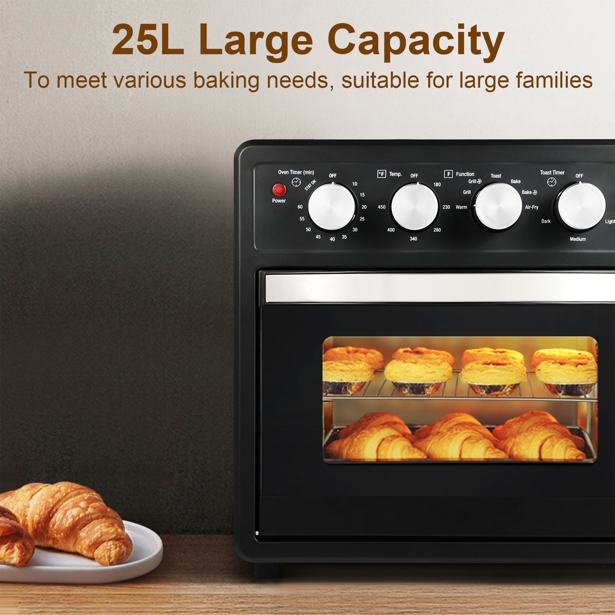CUSchoice 25L Family Size Air Fryer Oven 6 Accessories Black Matte Stainless 17.3in 18.5in 17.1in L W H