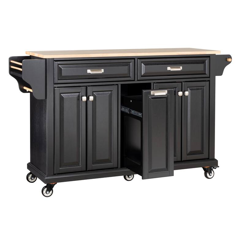 Kitchen Island with Rubber wood Countertop, Kitchen Cart on 5 Wheels with Storage Cabinet and 2 Top Drawers