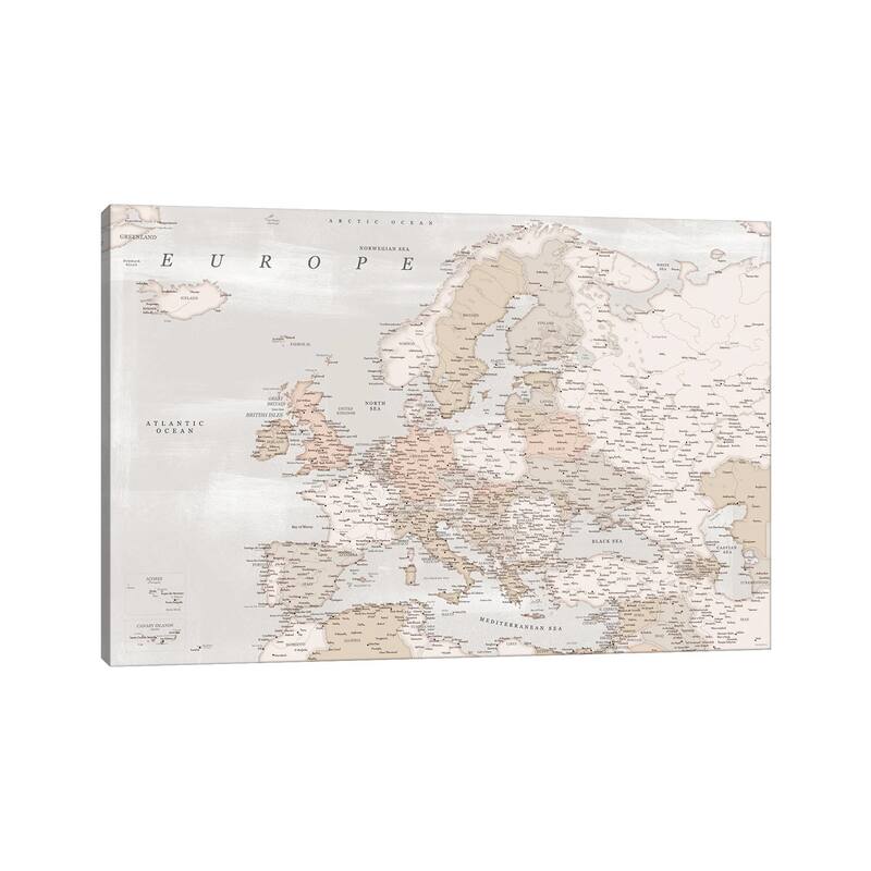 iCanvas "Detailed Map Of Europe In Distressed Brown" by blursbyai Canvas Print