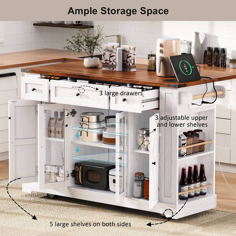 Kitchen Island with Two Tempered Glass Cabinet Doors and Power Outlet, Rolling Storage Cabinet with Drop Leaf, Open Side Racks