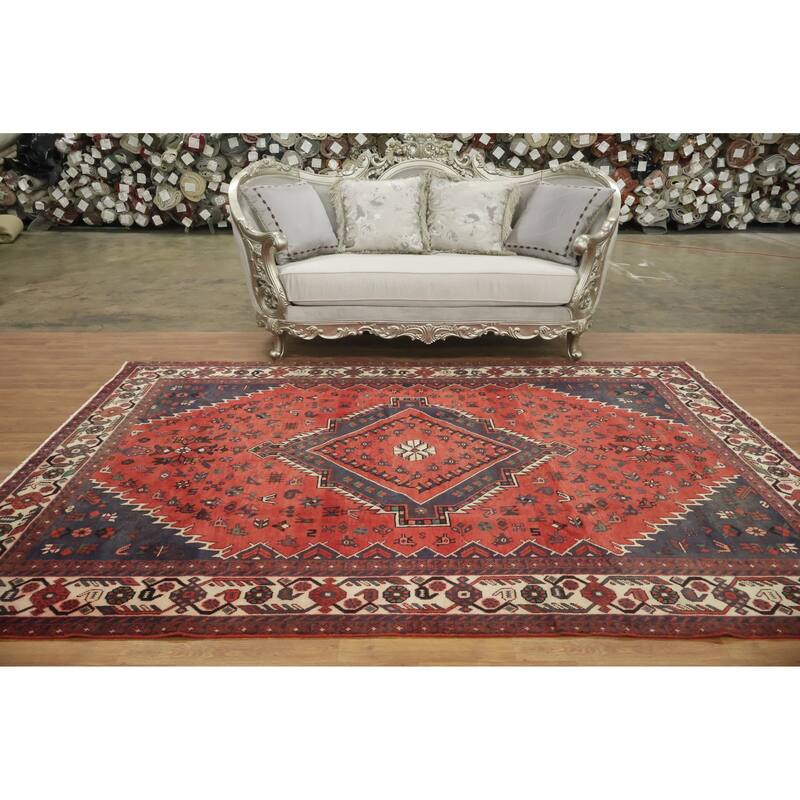Hand Knotted Oriental 100% Wool Carpet Traditional Tribal Red Shiraz Area Rug - 10' 0'' X 6' 7''