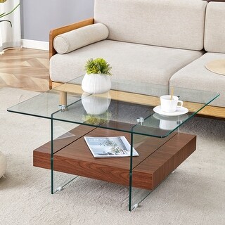 31.4 Inch Modern Two-Tier Square Coffee Table with Clear Glass and ...