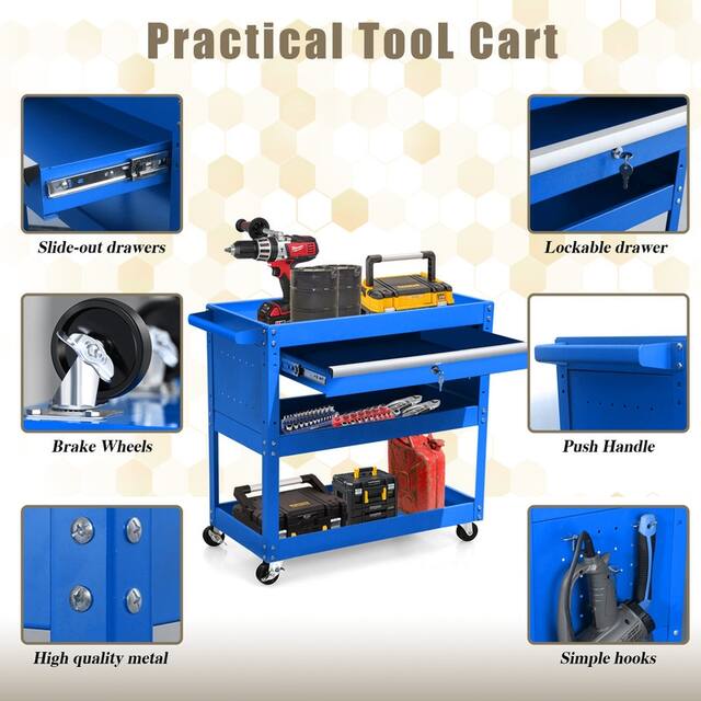 3-Tier Rolling Tool Cart with Drawer Steel Utility Storage Tool Box