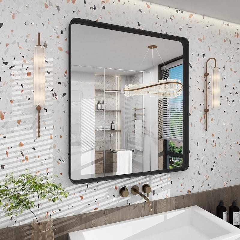 Aluminum Alloy Framed French Cleat Mounted Tempered Glass Wall Vanity Mirror - Black - 36" x 32"