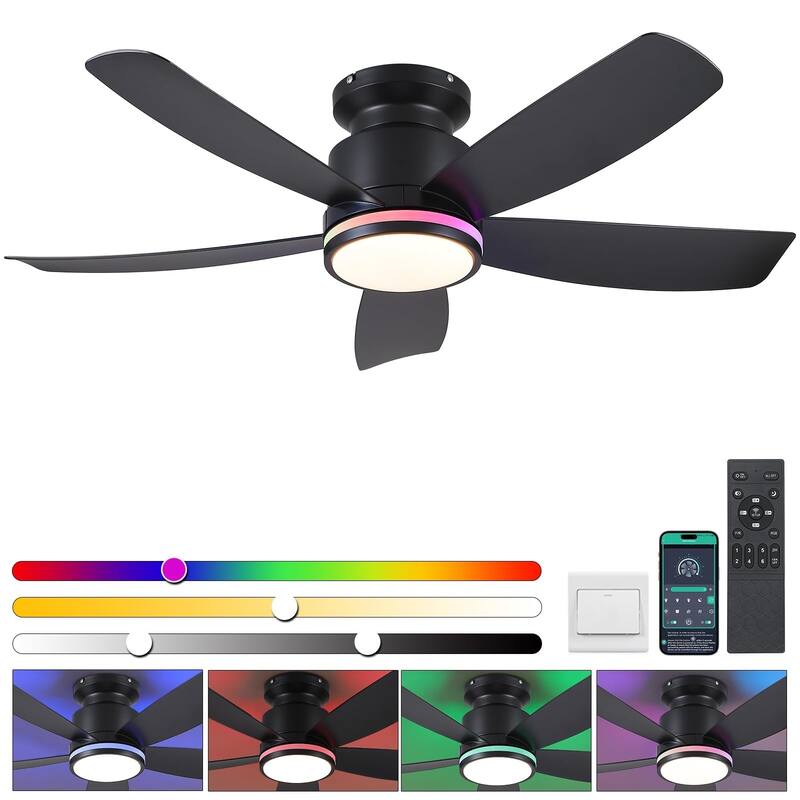 41 Inches Ceiling Fan with Light,5 ABS Blades,Flush Mount Low Profile Ceiling Fan with LED Light and Remote - 41 Inches - Black-RGB light