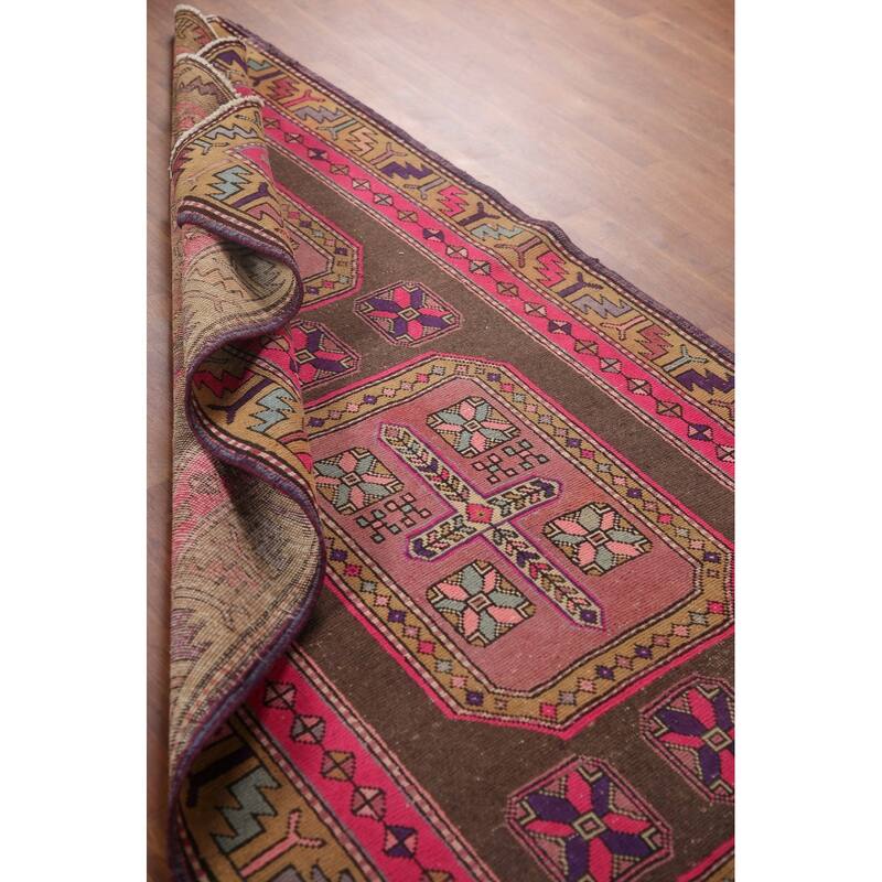 Ardebil Persian Vintage Runner Rug Handmade Geometric Wool Carpet - 3'8" x 10'6"