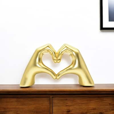 HomeRoots 4" Gold Resin Heart Hands Tabletop Sculpture - 5.5 in. x 3.5 in. x 1.5 in.