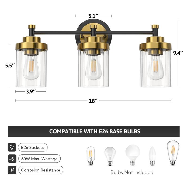Modern Dimmable Vanity Light with Clear Ribbed Glass Shades E26 Sockets