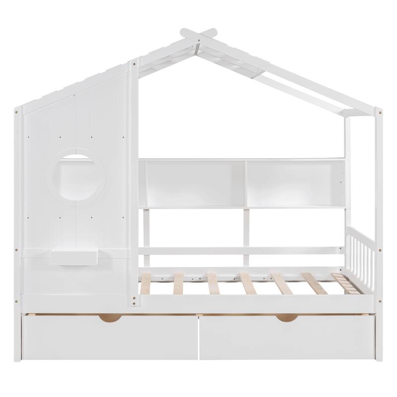 White Kids House Bed with 2 Drawers & Storage Shelf - Cute Design, Spacious Storage, Safe Toddler Bed