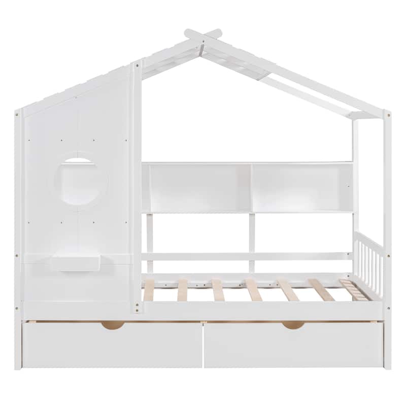 Wooden House Bed with 2 Drawers and Shelves, House Shaped Kids Bed Frame, Solid Pine Playhouse Bed Frame with Roof and Window