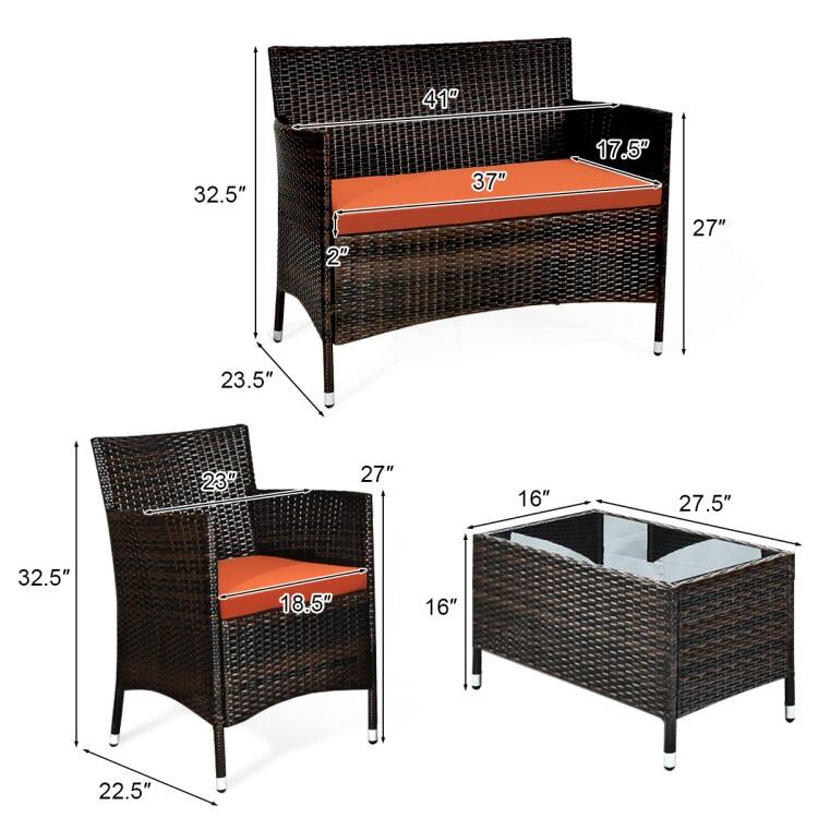 Rattan Patio Conversation Furniture Set with Glass Table and Comfortable Sofa - 4 Pcs