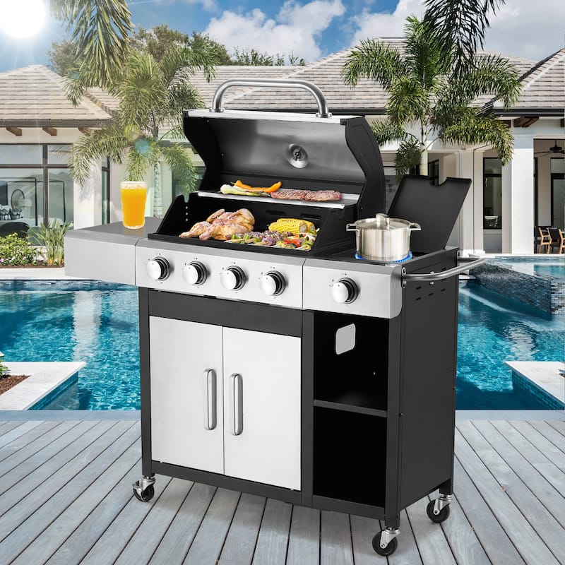 Outdoor Propane Gas Grill with Pizza Oven, 4+1 / 5+1 Burners, Side Burner, Removable Grates, Stainless Steel BBQ Grill