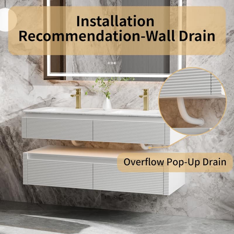 Modland 48" Modern Wall-Mounted Double Sink Bathroom Vanity with Engineered Stone Countertop,LED Light