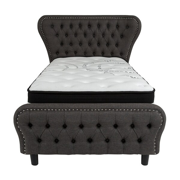 Offex Cartelana Tufted Upholstered Twin Size Platform Bed with in Dark Gray Fabric and Silver Accent Nail Trim