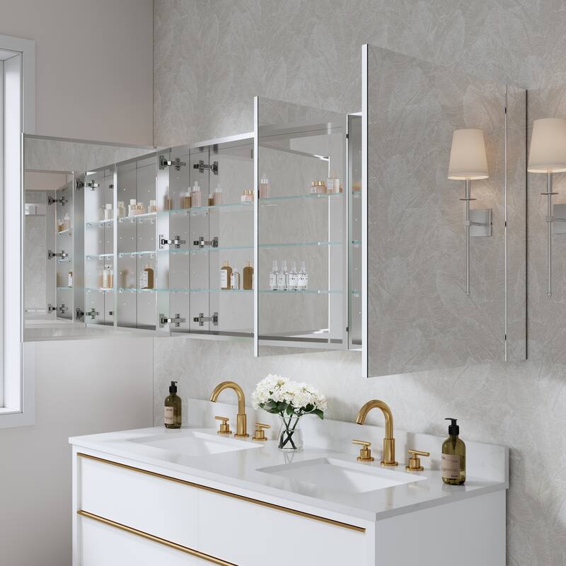 56''/64''W X 30''H Recessed Or Surface Wall Mount Bathroom Medicine Cabinet With Adjustable Glass Shelves