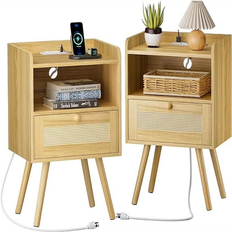 Nightstands Set of 2 with PE Rattan Drawers - Natural