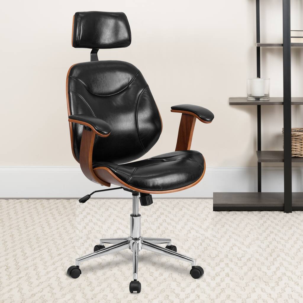 High Back LeatherSoft Executive Ergonomic Wood Swivel Office Chair w/Arms