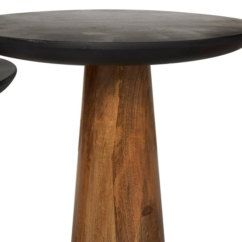 Brown Mango Wood Handmade Cone Shaped Accent Table with Black Tabletops (Set of 3)