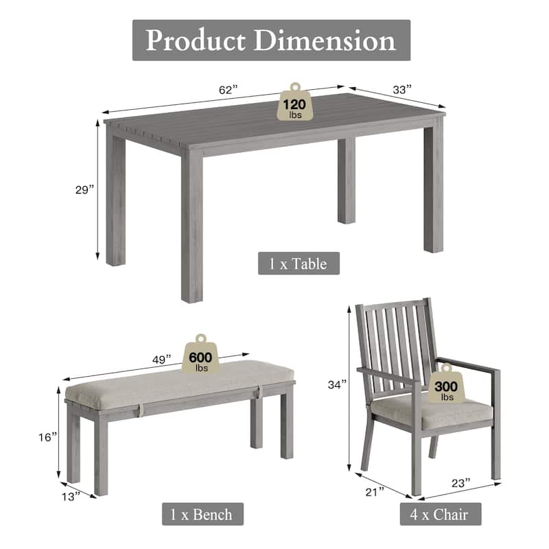 6 Pieces Patio Dining Sets Aluminum Outdoor Dining Table with 4 Chairs and Bench