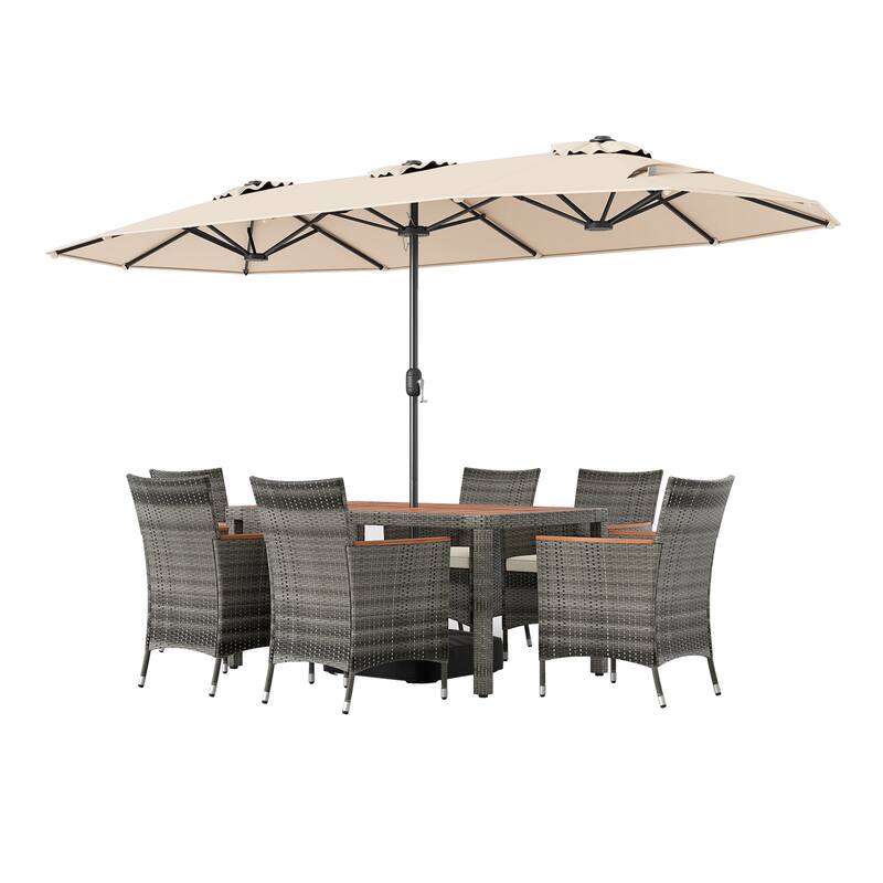 Gymax 8-Piece Patio Dining Set w/ Double-Sided Market Umbrella Acacia