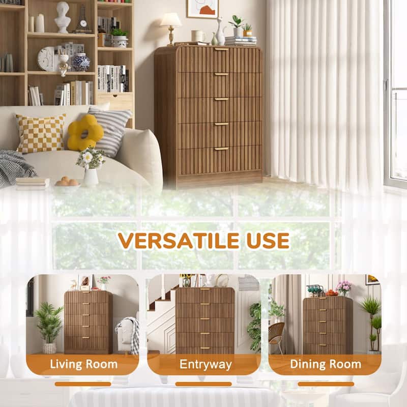 VEIKOUS 5-Drawer Chest of Drawers with Curved Edges & Waveform Fluted Panel Design, Wooden Dresser for Bedroom