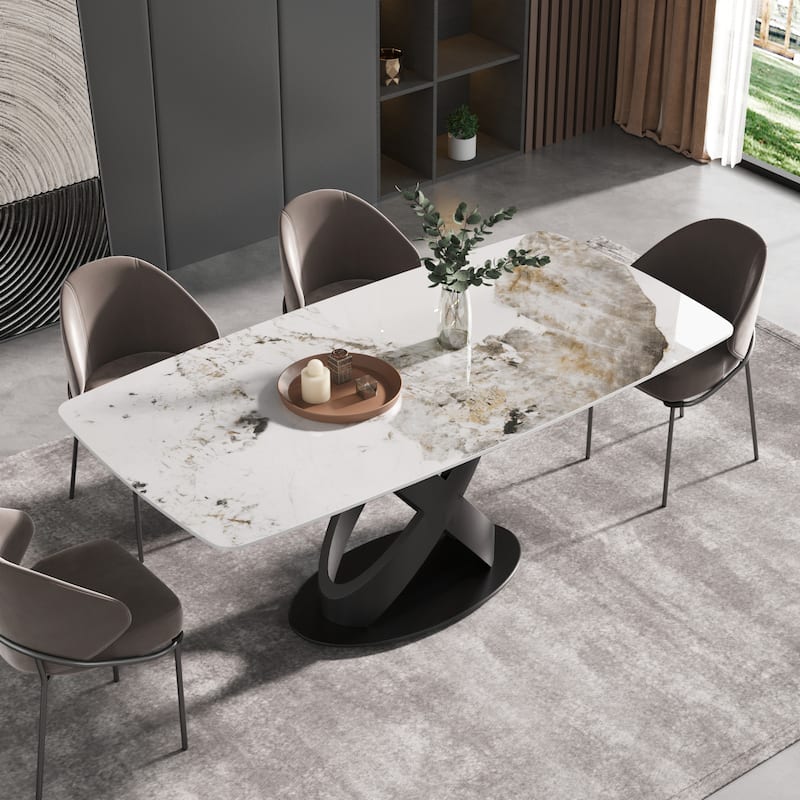 71'' Modern Artificial Marble Dining Table with Carbon Steel Base - x-cross