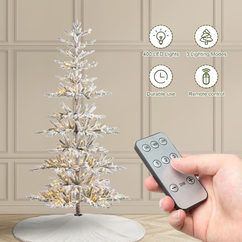 Glitzhome Modern 7' Pre-Lit Slim Flocked Fir Artificial Christmas Tree with 400 Warm White Lights
