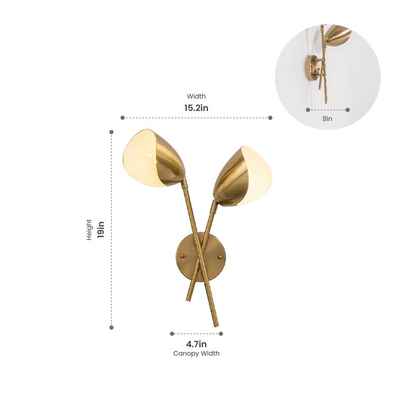 VidaLite Splay 2-Light Brushed Brass Wall Sconce with Adjustable Heads, Modern & Contemporary Style Wall Lamp - 18" x 15"