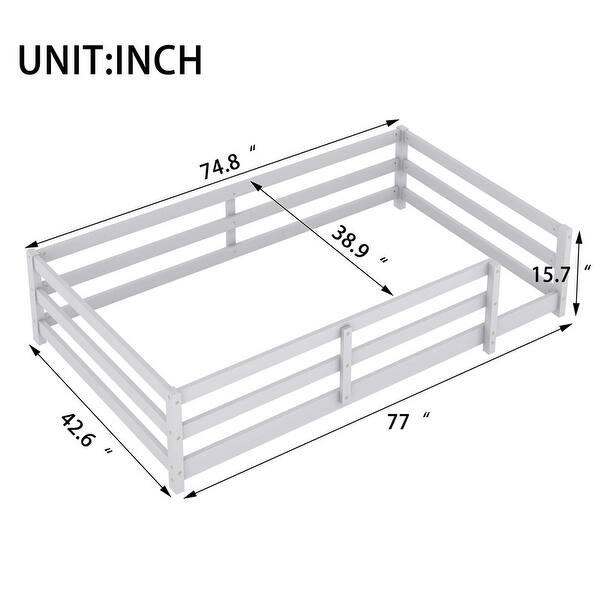 Grey Floor Bed with Fence,Wood Kids Bed,Twin Size