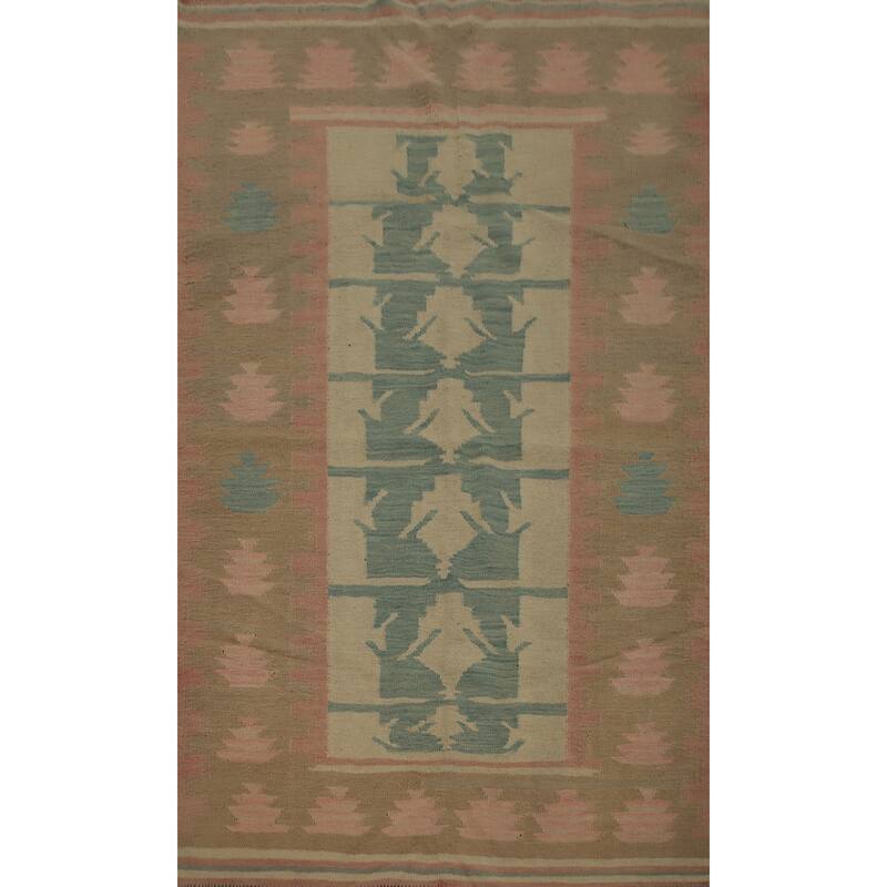 Hand Woven Oriental 100% Wool Carpet Southwestern Tribal Green Kilim Area Rug - 5' 7'' X 3' 9''
