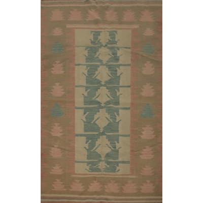 Hand Woven Oriental 100% Wool Carpet Southwestern Tribal Green Kilim Area Rug - 5' 7'' X 3' 9''