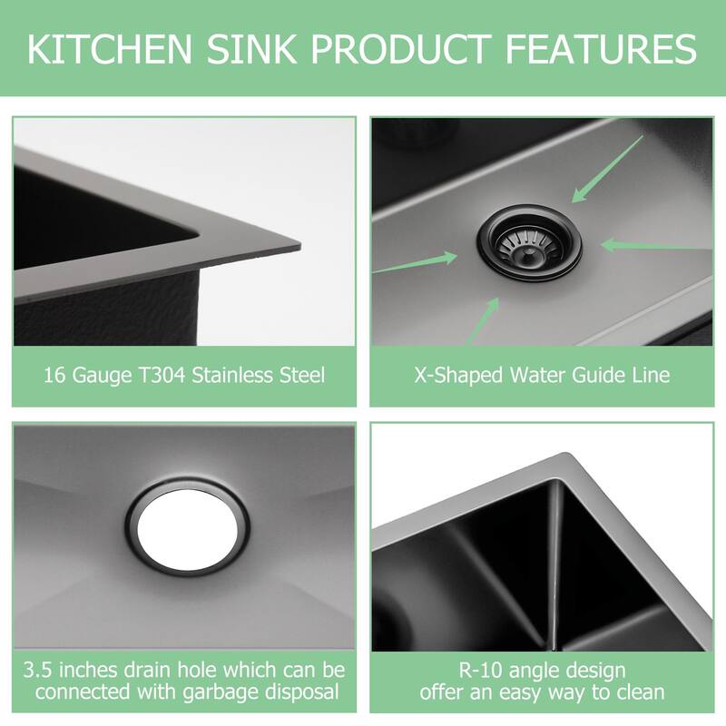 Lordear 28-inch Gunmetal Black Topmount 16 Gauge Stainless Steel Kitchen Sink.