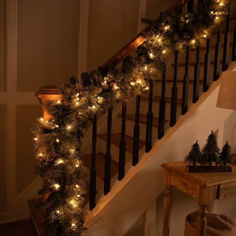 Pre-Lit Flocked Mixed Pine and Pine Cones Artificial Christmas Garland - 9' x 14" - Clear Lights