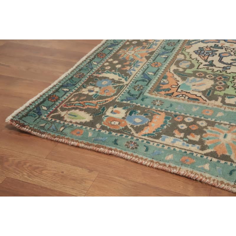 Hand Knotted Oriental 100% Wool Carpet Traditional Floral Green Tabriz Area Rug - 9' 2'' X 6' 7''