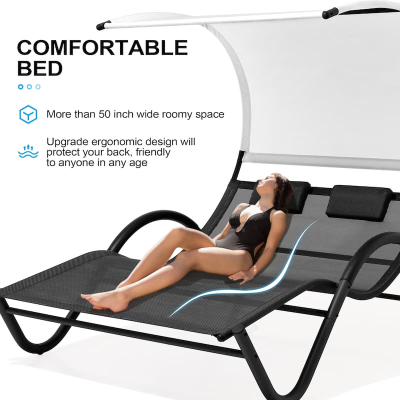 Outdoor Double Chaise Lounge Chair Double Sun Bed Lounger with Canopy Shade & Wheels - 72.83" D × 54.33" W ×65.35" H