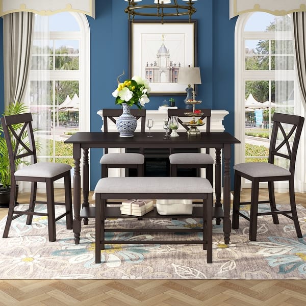 6-Piece Distressed Wood Storage Counter Height Dining Room Set Dining ...
