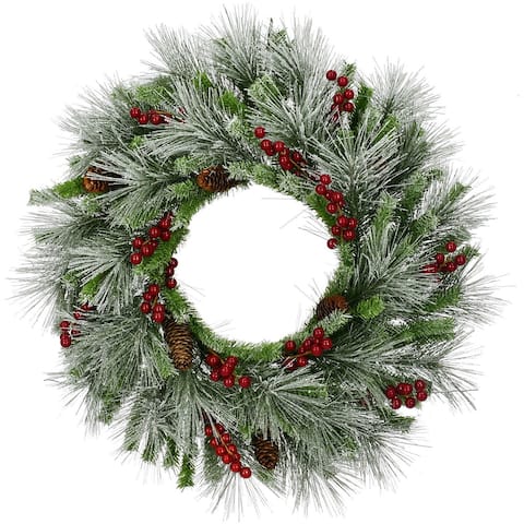 Fraser Hill Farm 25-In. Lightly Flocked Wreath Door or Wall Hanging - with Pinecones and Berries - 2 Foot