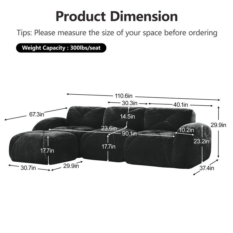 Rossetta 110'' 3-Seater L-Shaped Anti-Slip Design Retro Classic Color Velvet Tufted Modular Boneless Sofa with 1 Movable Ottoman