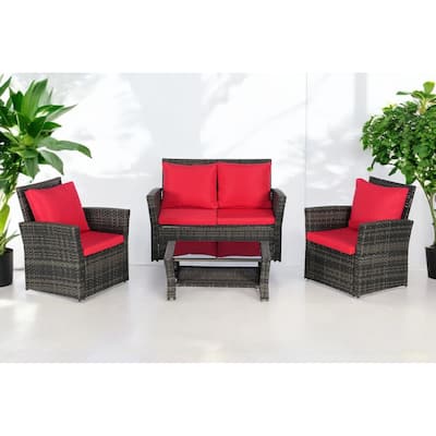 4-Piece Outdoor Patio Furniture Set, Garden Wicker Sofa with Poolside Lawn Chairs, Red Cushions, All-Weather Modular Design
