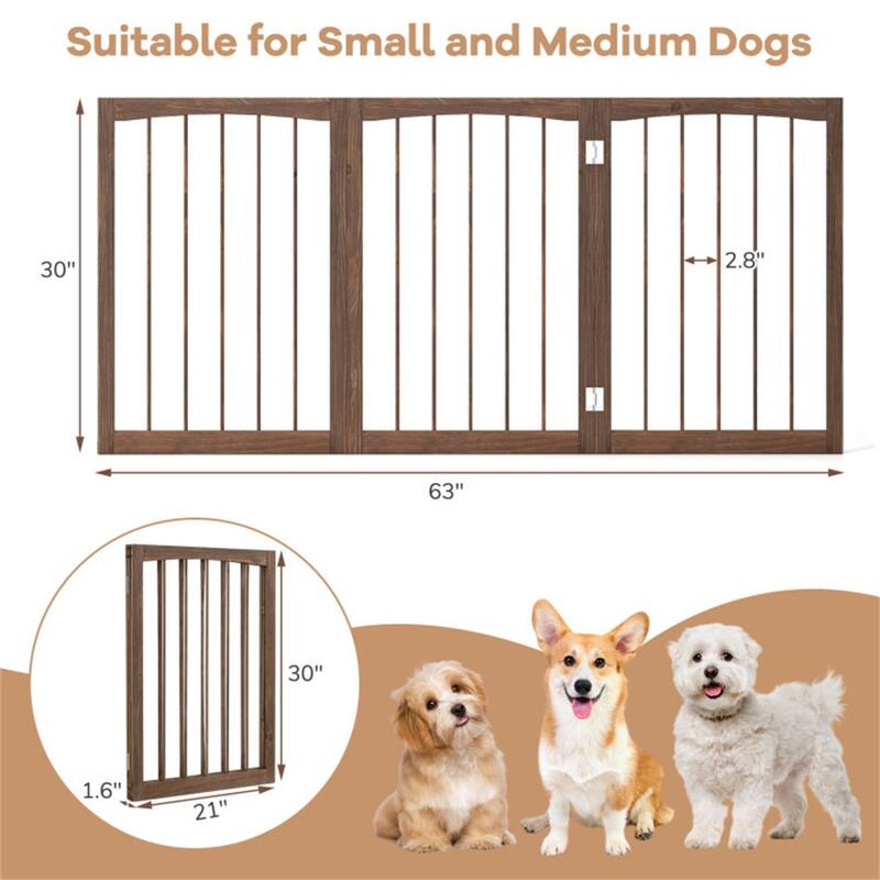 3 Panel Freestanding Wooden Dog Gate Pet Barrier for Doorways Kitchens or Bedrooms - 21" x 1.6" x 30"