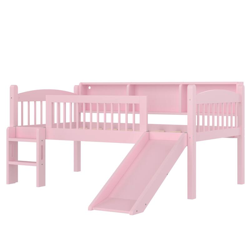 Twin Loft Bed with Storage Shelves, Solid Wood Lower Loft Bed with LED Lights and Full-length Guardrails