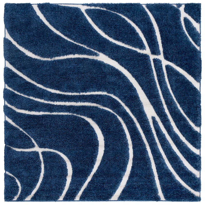 SAFAVIEH Florida Shag Staka Abstract Waves 1.2-inch Area Rug - 4' Square - Navy/Ivory