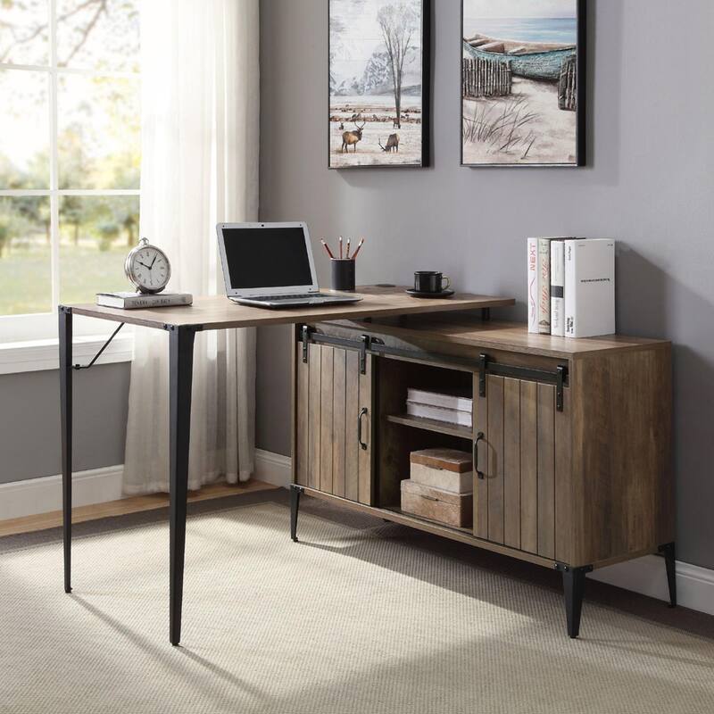 L-Shape Writing Desk with Side Cabinet - Black Oak Rustic