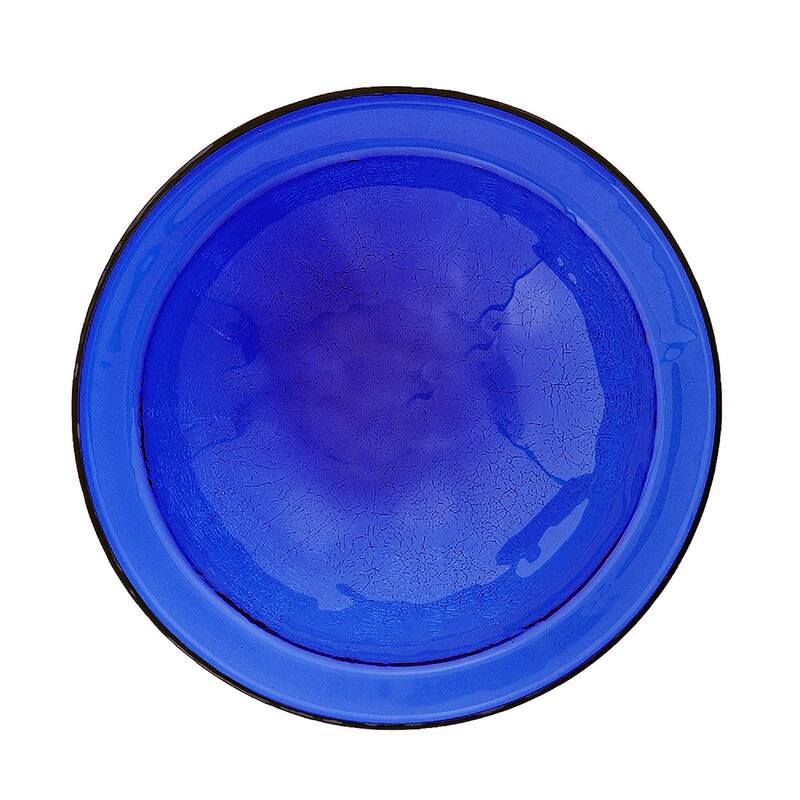 Achla Designs 12.5"Dia. Round Crackle Glass Birdbath w/Black Wrought Iron Over Rail Bracket
