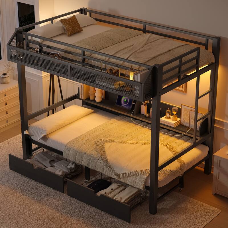 Twin XL over Twin XL Bunk Bed with Storage, USB Ports & Convertible Sofa