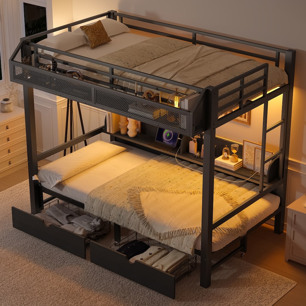 Twin XL over Twin XL Bunk Bed with Storage Shelves and Drawers,Multifunctional Metal Bunk Beds with USB Ports and LED Lights