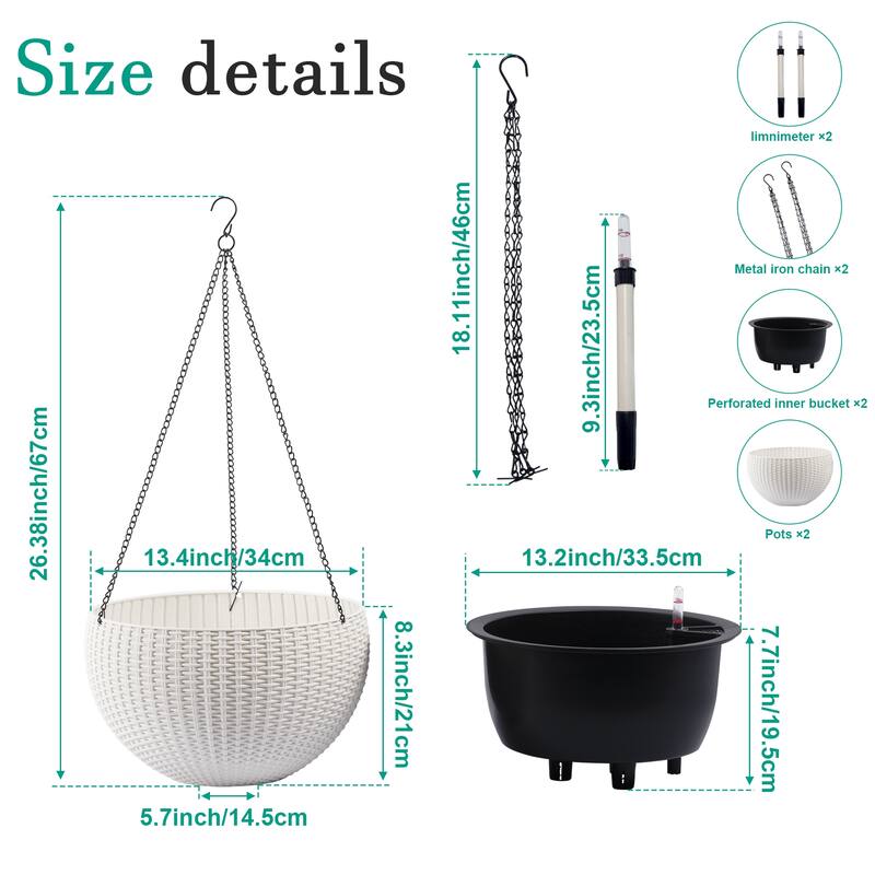 13.4 inch Self-Watering Hanging Rattan-Inspired Planter Large Capacity, Root-Rot Resistant Water Storage