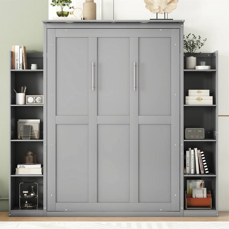 Solid Wood Murphy Wall Bed w/ LED Lights & Open Storage Shelves, Full/Queen Size Folding Murphy Cabinet Bed, Space Saving Design