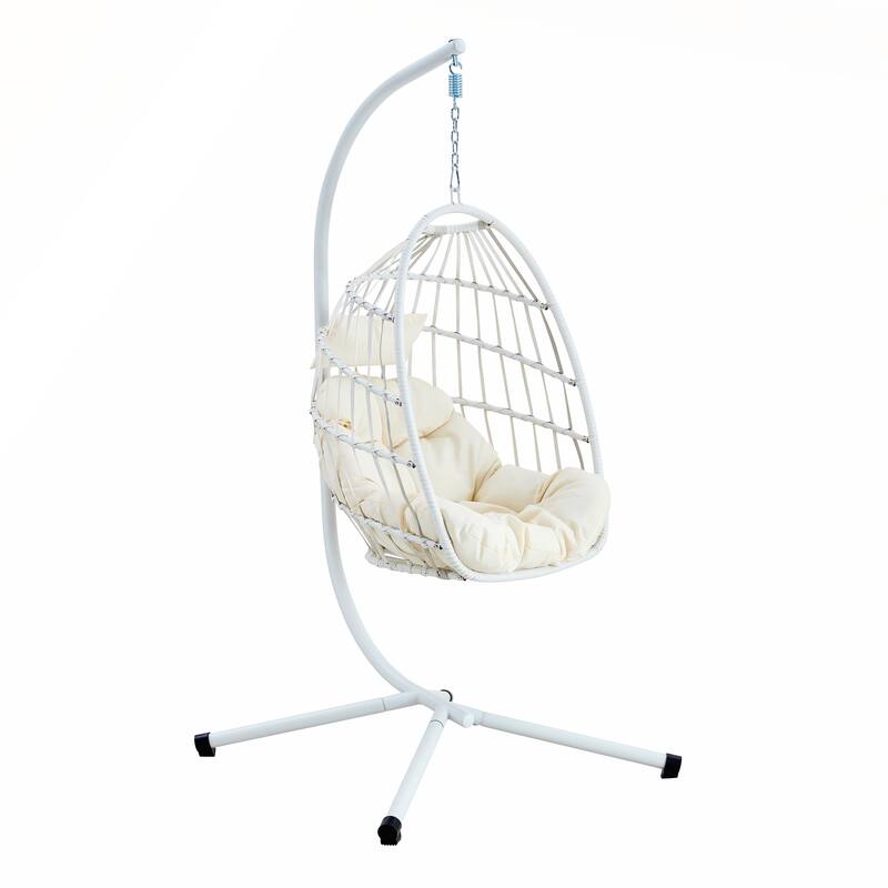 Heavy-Duty Iron Hanging Chair with Wicker Weave for Indoor/Outdoor Comfort