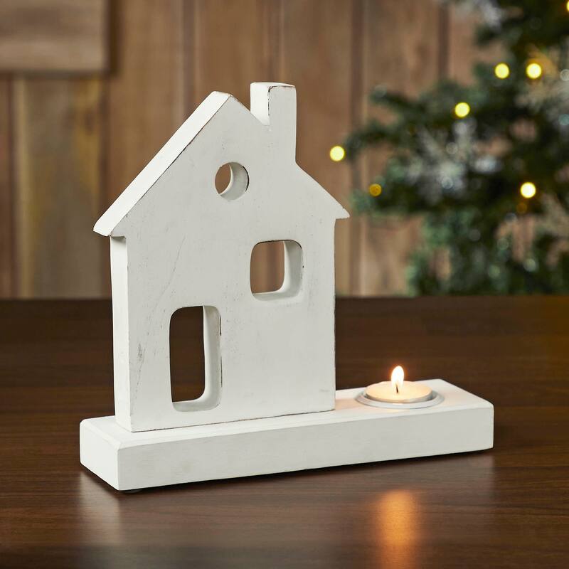 Tealight Holder Village House White 9x8.25x2.5 - N/A